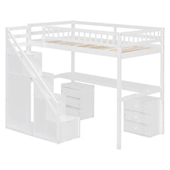 Bellemave® Twin Size Wood Loft Bed with Desk, Stairs & Storage, Space Saving Bed with Lights, 2 Drawers & Guardrails - Bellemave