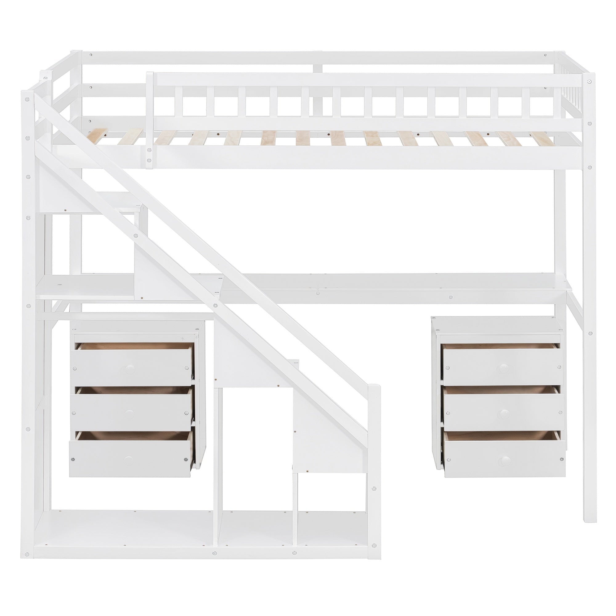 Bellemave® Twin Size Wood Loft Bed with Desk, Stairs & Storage, Space Saving Bed with Lights, 2 Drawers & Guardrails - Bellemave