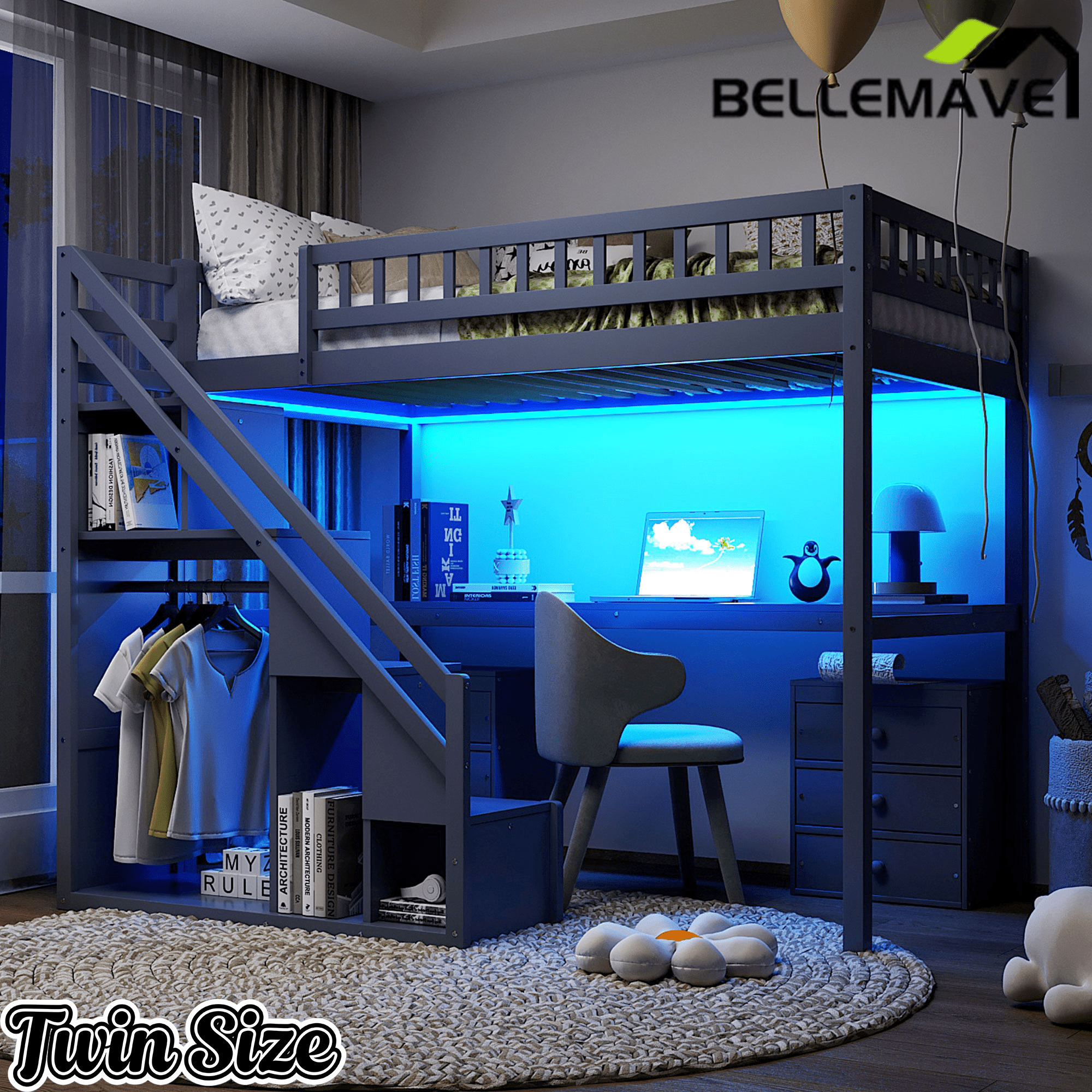 Bellemave® Twin Size Wood Loft Bed with Desk, Stairs & Storage, Space Saving Bed with Lights, 2 Drawers & Guardrails - Bellemave