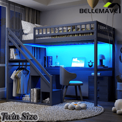 Bellemave® Twin Size Wood Loft Bed with Desk, Stairs & Storage, Space Saving Bed with Lights, 2 Drawers & Guardrails - Bellemave