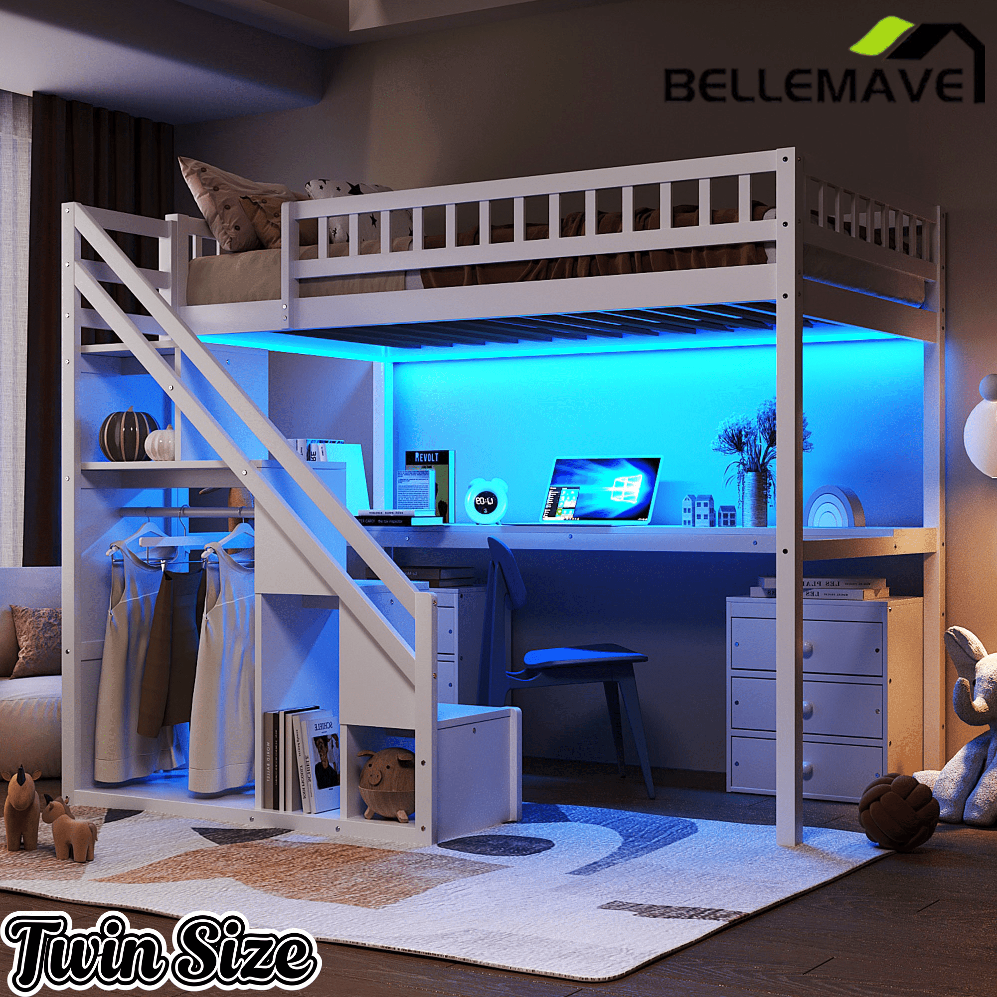 Bellemave® Twin Size Wood Loft Bed with Desk, Stairs & Storage, Space Saving Bed with Lights, 2 Drawers & Guardrails - Bellemave