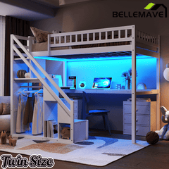 Bellemave® Twin Size Wood Loft Bed with Desk, Stairs & Storage, Space Saving Bed with Lights, 2 Drawers & Guardrails - Bellemave