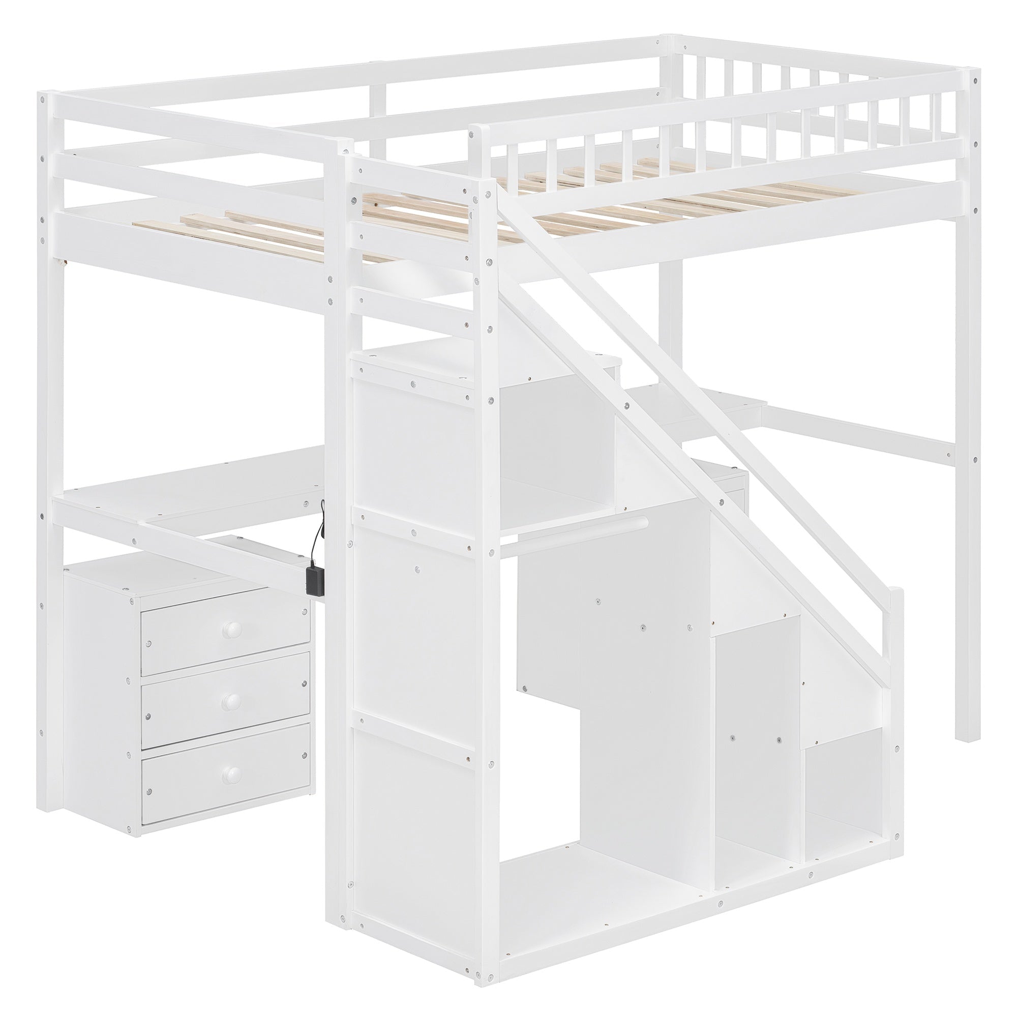 Bellemave® Twin Size Wood Loft Bed with Desk, Stairs & Storage, Space Saving Bed with Lights, 2 Drawers & Guardrails - Bellemave