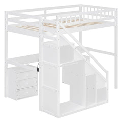Bellemave® Twin Size Wood Loft Bed with Desk, Stairs & Storage, Space Saving Bed with Lights, 2 Drawers & Guardrails - Bellemave