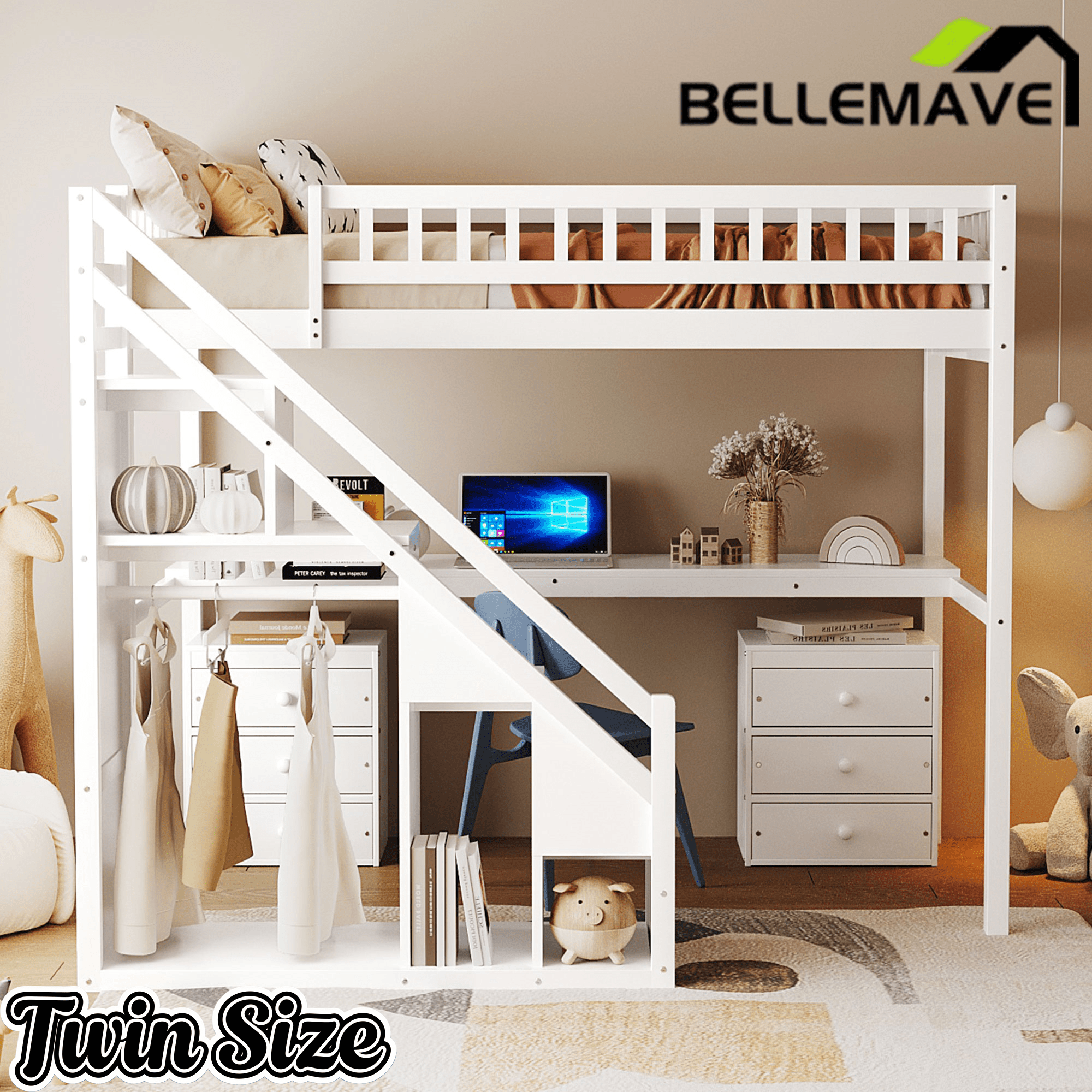 Bellemave® Twin Size Wood Loft Bed with Desk, Stairs & Storage, Space Saving Bed with Lights, 2 Drawers & Guardrails - Bellemave