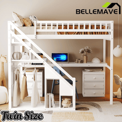 Bellemave® Twin Size Wood Loft Bed with Desk, Stairs & Storage, Space Saving Bed with Lights, 2 Drawers & Guardrails - Bellemave