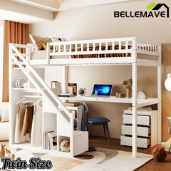 Bellemave® Twin Size Wood Loft Bed with Desk, Stairs & Storage, Space Saving Bed with Lights, 2 Drawers & Guardrails - Bellemave