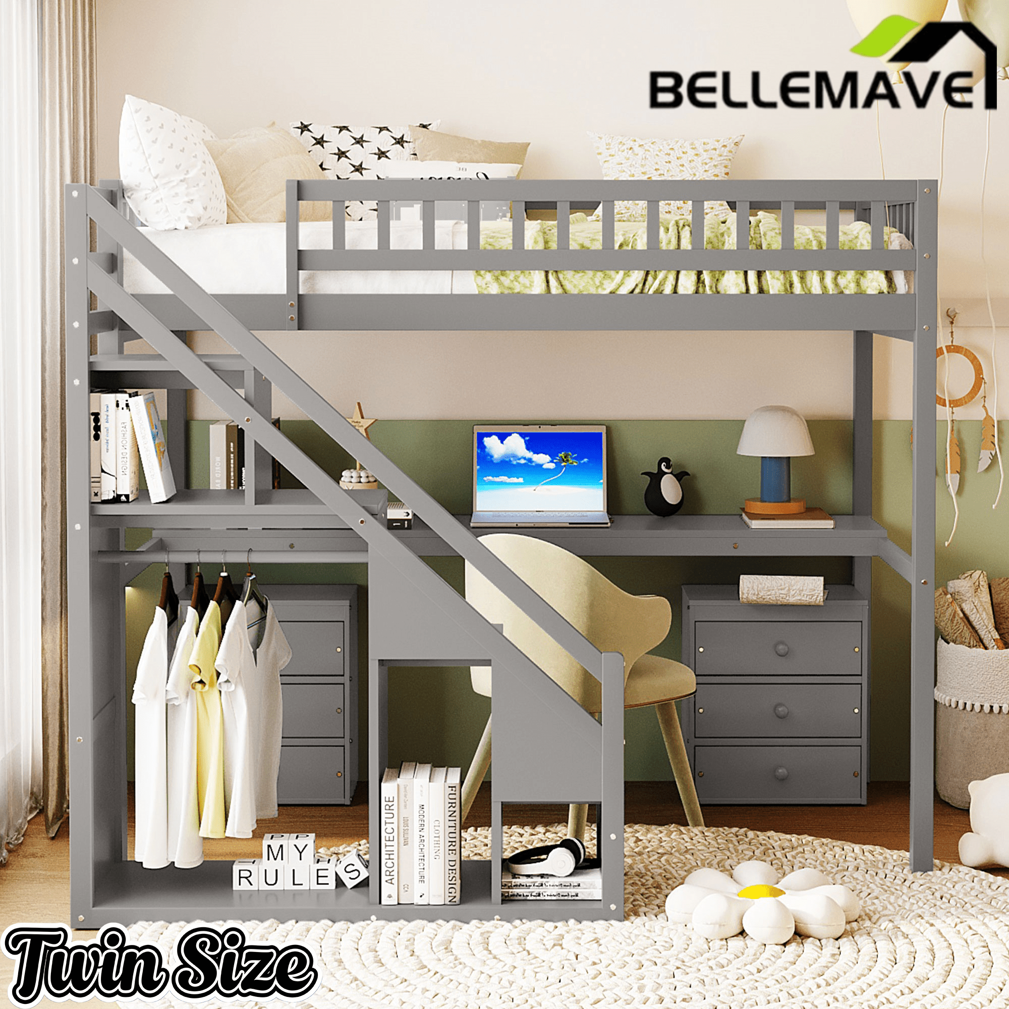 Bellemave® Twin Size Wood Loft Bed with Desk, Stairs & Storage, Space Saving Bed with Lights, 2 Drawers & Guardrails - Bellemave