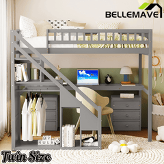 Bellemave® Twin Size Wood Loft Bed with Desk, Stairs & Storage, Space Saving Bed with Lights, 2 Drawers & Guardrails - Bellemave