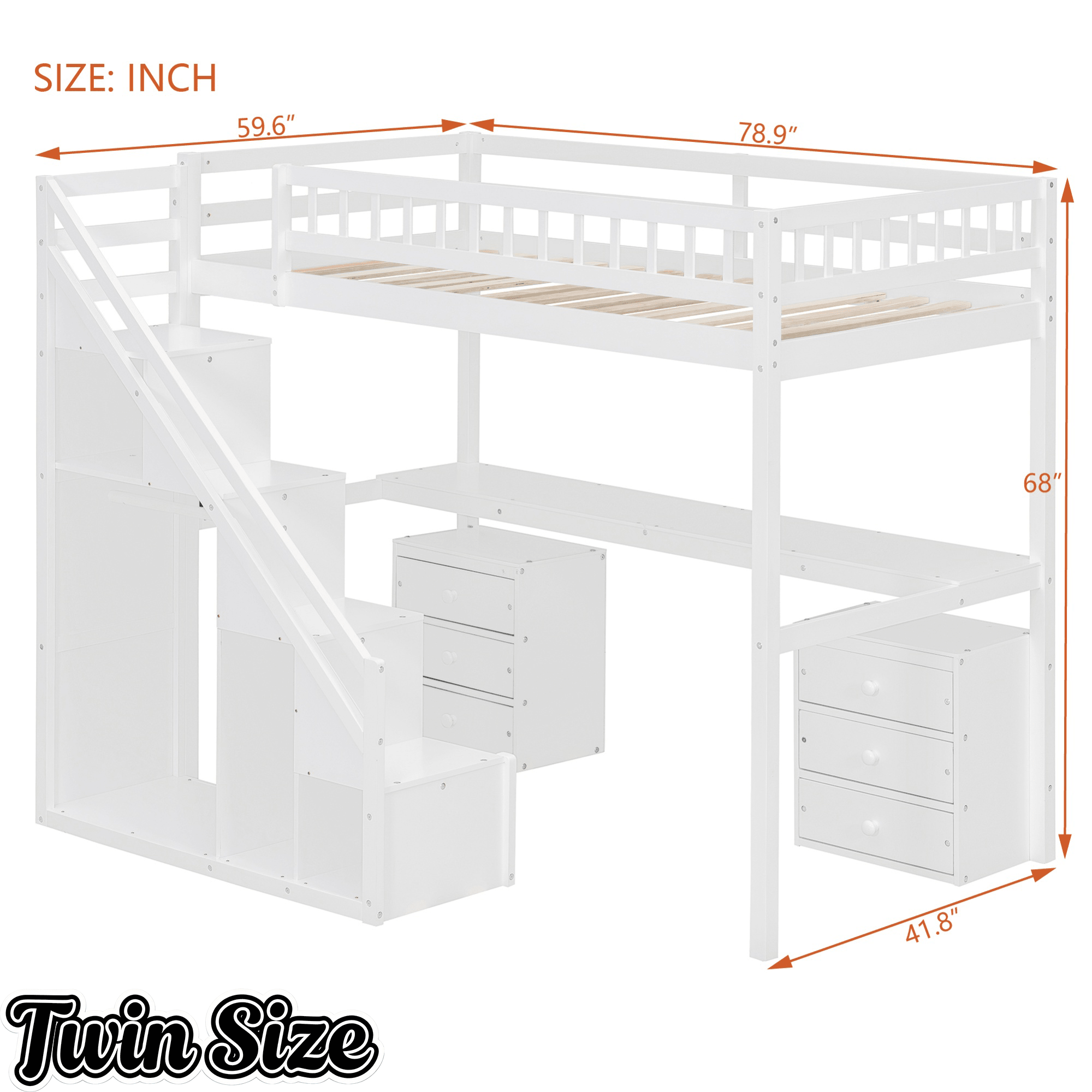 Bellemave® Twin Size Wood Loft Bed with Desk, Stairs & Storage, Space Saving Bed with Lights, 2 Drawers & Guardrails - Bellemave
