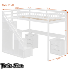 Bellemave® Twin Size Wood Loft Bed with Desk, Stairs & Storage, Space Saving Bed with Lights, 2 Drawers & Guardrails - Bellemave