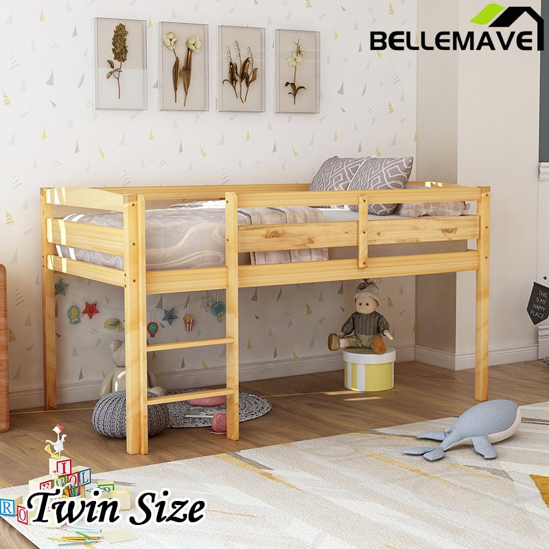 Bellemave® Twin Size Wood Low Loft Bed with Ladder - Bellemave