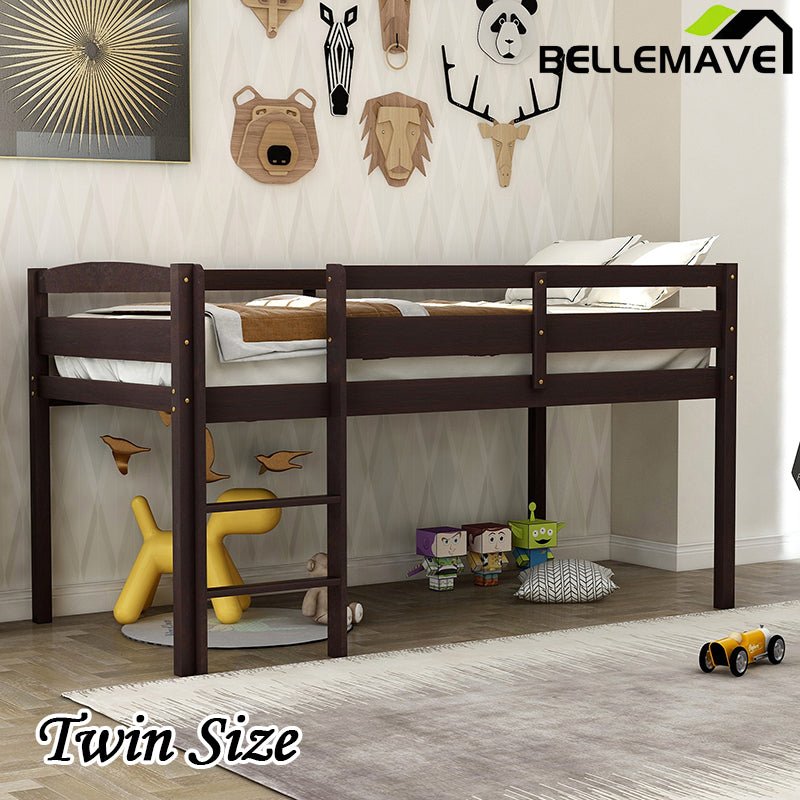 Bellemave® Twin Size Wood Low Loft Bed with Ladder - Bellemave