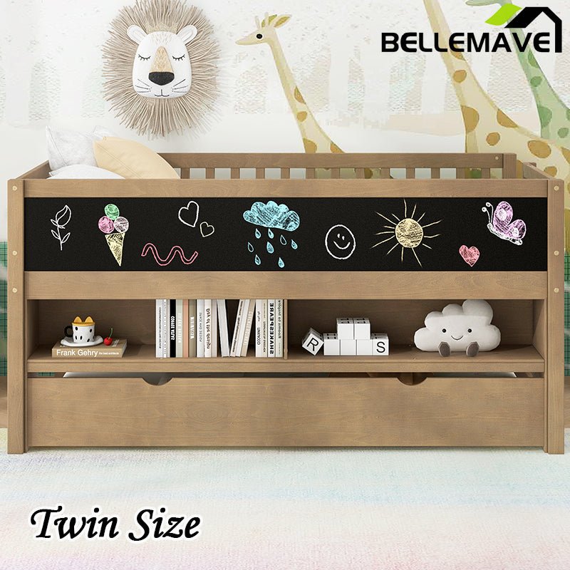 Bellemave® Twin Size Wood Low Loft Bed with Storage Shelves, Blackboard and Trundle - Bellemave