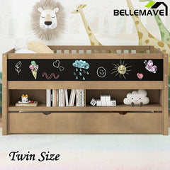 Bellemave® Twin Size Wood Low Loft Bed with Storage Shelves, Blackboard and Trundle - Bellemave