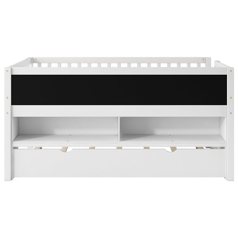 Bellemave® Twin Size Wood Low Loft Bed with Storage Shelves, Blackboard and Trundle - Bellemave