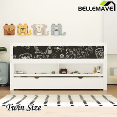 Bellemave® Twin Size Wood Low Loft Bed with Storage Shelves, Blackboard and Trundle - Bellemave