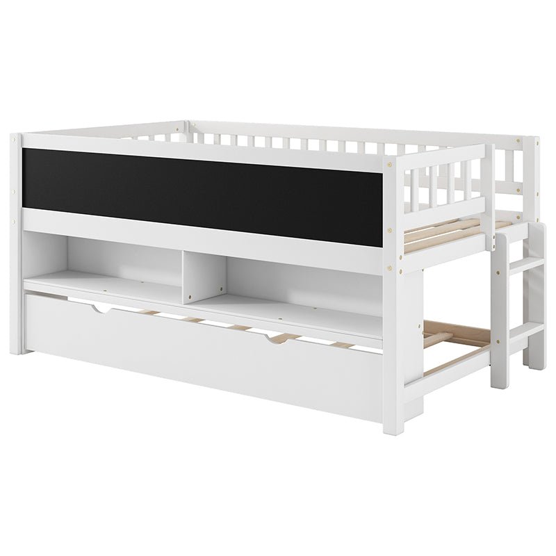 Bellemave® Twin Size Wood Low Loft Bed with Storage Shelves, Blackboard and Trundle - Bellemave