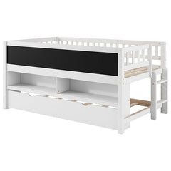 Bellemave® Twin Size Wood Low Loft Bed with Storage Shelves, Blackboard and Trundle - Bellemave