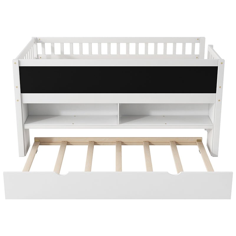 Bellemave® Twin Size Wood Low Loft Bed with Storage Shelves, Blackboard and Trundle - Bellemave