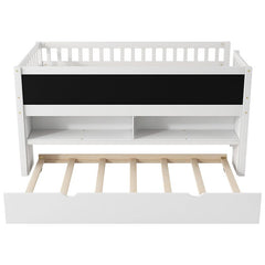 Bellemave® Twin Size Wood Low Loft Bed with Storage Shelves, Blackboard and Trundle - Bellemave