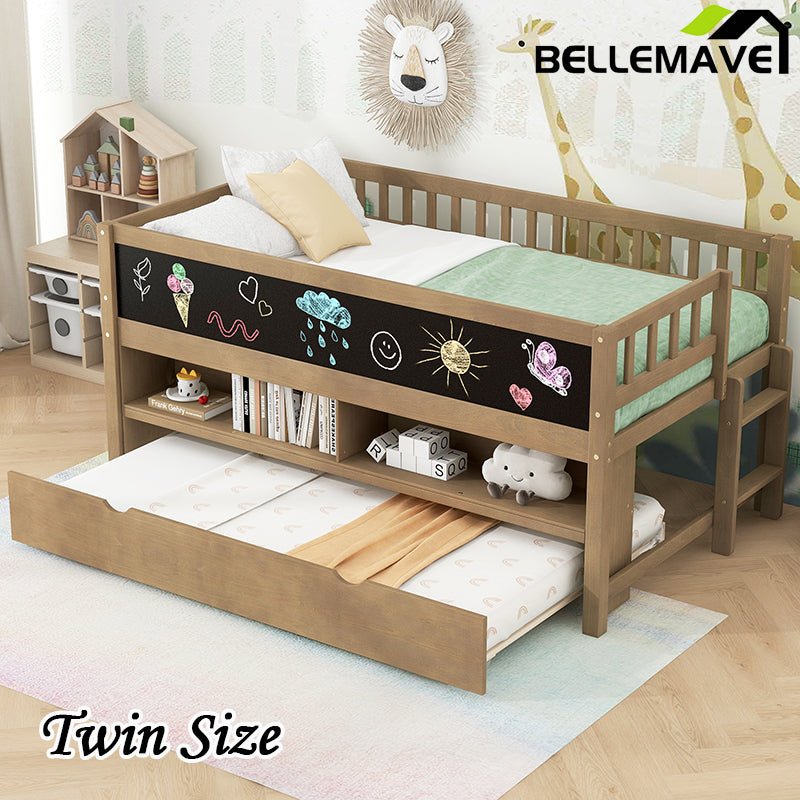 Bellemave® Twin Size Wood Low Loft Bed with Storage Shelves, Blackboard and Trundle - Bellemave