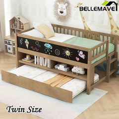 Bellemave® Twin Size Wood Low Loft Bed with Storage Shelves, Blackboard and Trundle - Bellemave