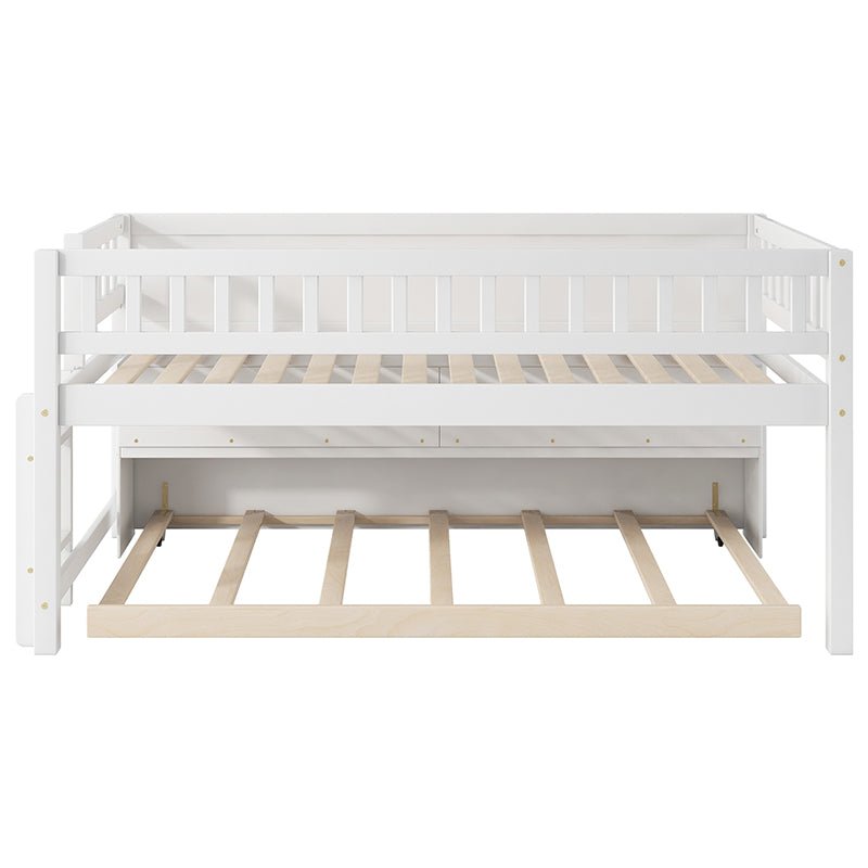 Bellemave® Twin Size Wood Low Loft Bed with Storage Shelves, Blackboard and Trundle - Bellemave