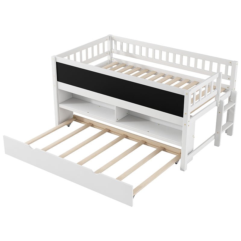 Bellemave® Twin Size Wood Low Loft Bed with Storage Shelves, Blackboard and Trundle - Bellemave