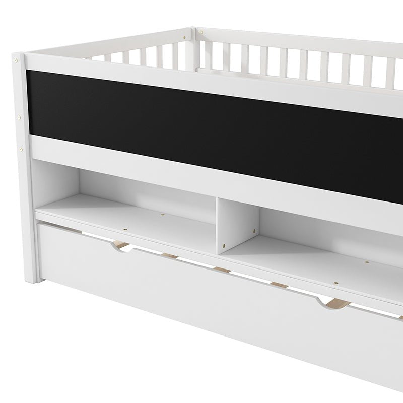 Bellemave® Twin Size Wood Low Loft Bed with Storage Shelves, Blackboard and Trundle - Bellemave