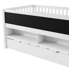Bellemave® Twin Size Wood Low Loft Bed with Storage Shelves, Blackboard and Trundle - Bellemave