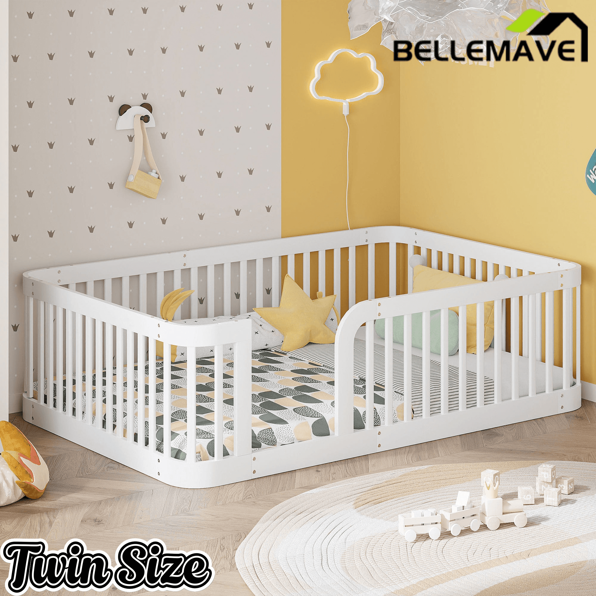 Bellemave® Twin Size Wood Montessori Floor Bed with Fence - Bellemave