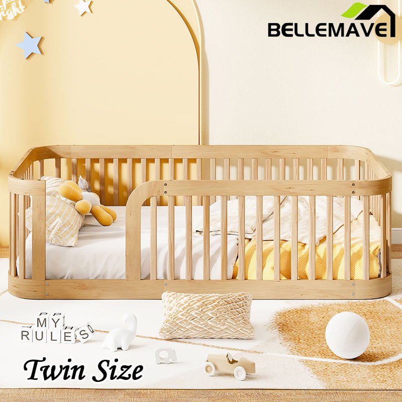 Bellemave® Twin Size Wood Montessori Floor Bed with Fence - Bellemave