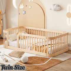 Bellemave® Twin Size Wood Montessori Floor Bed with Fence - Bellemave