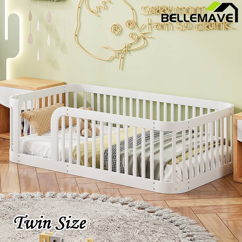 Bellemave® Twin Size Wood Montessori Floor Bed with Fence - Bellemave