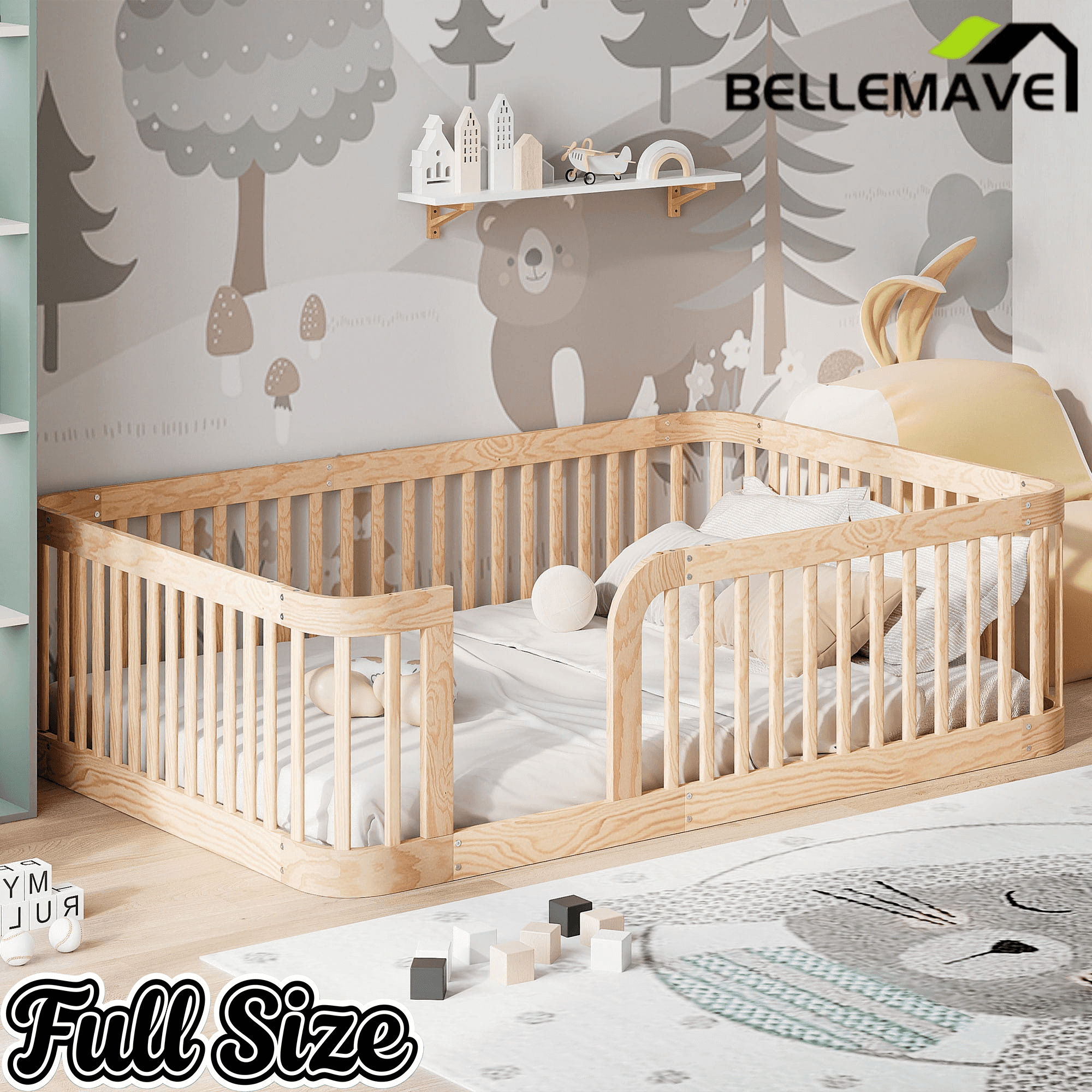 Bellemave® Twin Size Wood Montessori Floor Bed with Fence - Bellemave