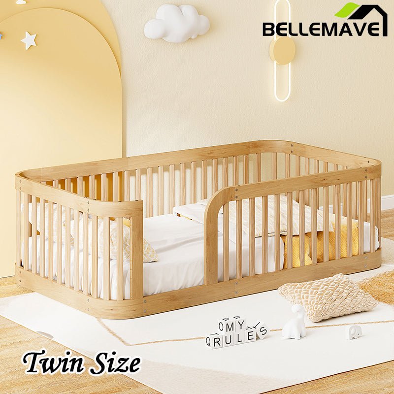 Bellemave® Twin Size Wood Montessori Floor Bed with Fence - Bellemave