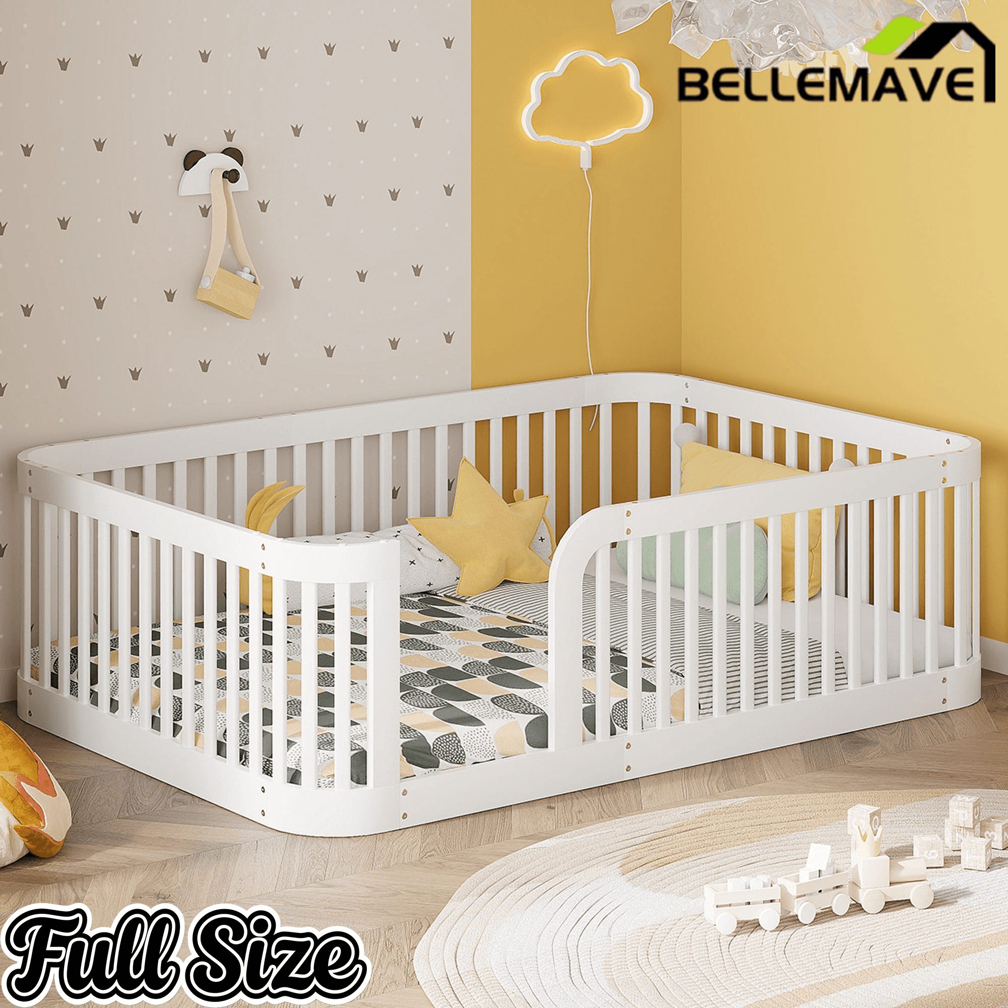 Bellemave® Twin Size Wood Montessori Floor Bed with Fence - Bellemave