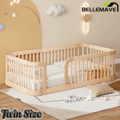 Bellemave® Twin Size Wood Montessori Floor Bed with Fence - Bellemave