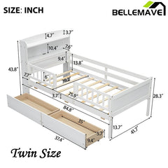 Bellemave® Twin Size Wood Platform Bed with Built - in LED Light, Multi - Functional Headboard, Guardrail and 2 Drawers - Bellemave