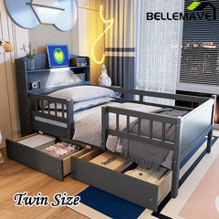 Bellemave® Twin Size Wood Platform Bed with Built - in LED Light, Multi - Functional Headboard, Guardrail and 2 Drawers - Bellemave