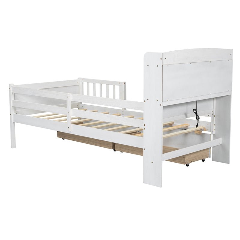 Bellemave® Twin Size Wood Platform Bed with Built - in LED Light, Multi - Functional Headboard, Guardrail and 2 Drawers - Bellemave
