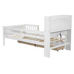 Bellemave® Twin Size Wood Platform Bed with Built - in LED Light, Multi - Functional Headboard, Guardrail and 2 Drawers - Bellemave