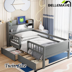 Bellemave® Twin Size Wood Platform Bed with Built - in LED Light, Multi - Functional Headboard, Guardrail and 2 Drawers - Bellemave
