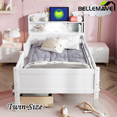 Bellemave® Twin Size Wood Platform Bed with Built - in LED Light, Multi - Functional Headboard, Guardrail and 2 Drawers - Bellemave