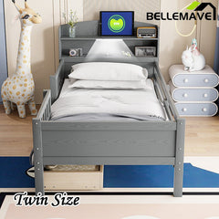 Bellemave® Twin Size Wood Platform Bed with Built - in LED Light, Multi - Functional Headboard, Guardrail and 2 Drawers - Bellemave