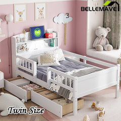 Bellemave® Twin Size Wood Platform Bed with Built - in LED Light, Multi - Functional Headboard, Guardrail and 2 Drawers - Bellemave