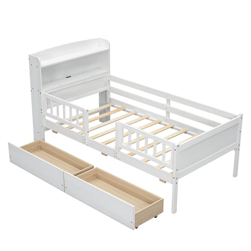 Bellemave® Twin Size Wood Platform Bed with Built - in LED Light, Multi - Functional Headboard, Guardrail and 2 Drawers - Bellemave