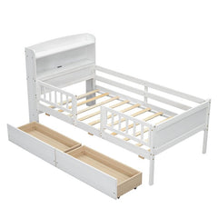 Bellemave® Twin Size Wood Platform Bed with Built - in LED Light, Multi - Functional Headboard, Guardrail and 2 Drawers - Bellemave