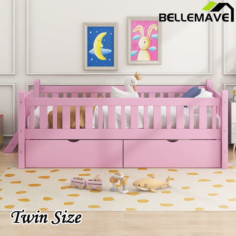 Bellemave® Twin Size Wood Platform Bed with Guardrail and 2 Drawers - Bellemave